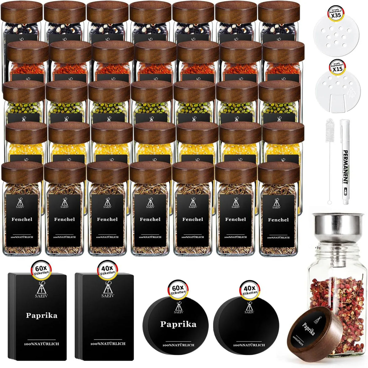 Szklane Pojemniki na Przyprawy z Wieczkiem z Drewna Różanego | 120ml | Zestaw 12/24/35 szt. z Etykietami | BPA Free