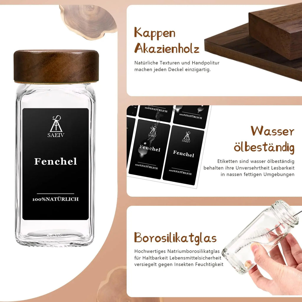 Szklane Pojemniki na Przyprawy z Wieczkiem z Drewna Różanego | 120ml | Zestaw 12/24/35 szt. z Etykietami | BPA Free