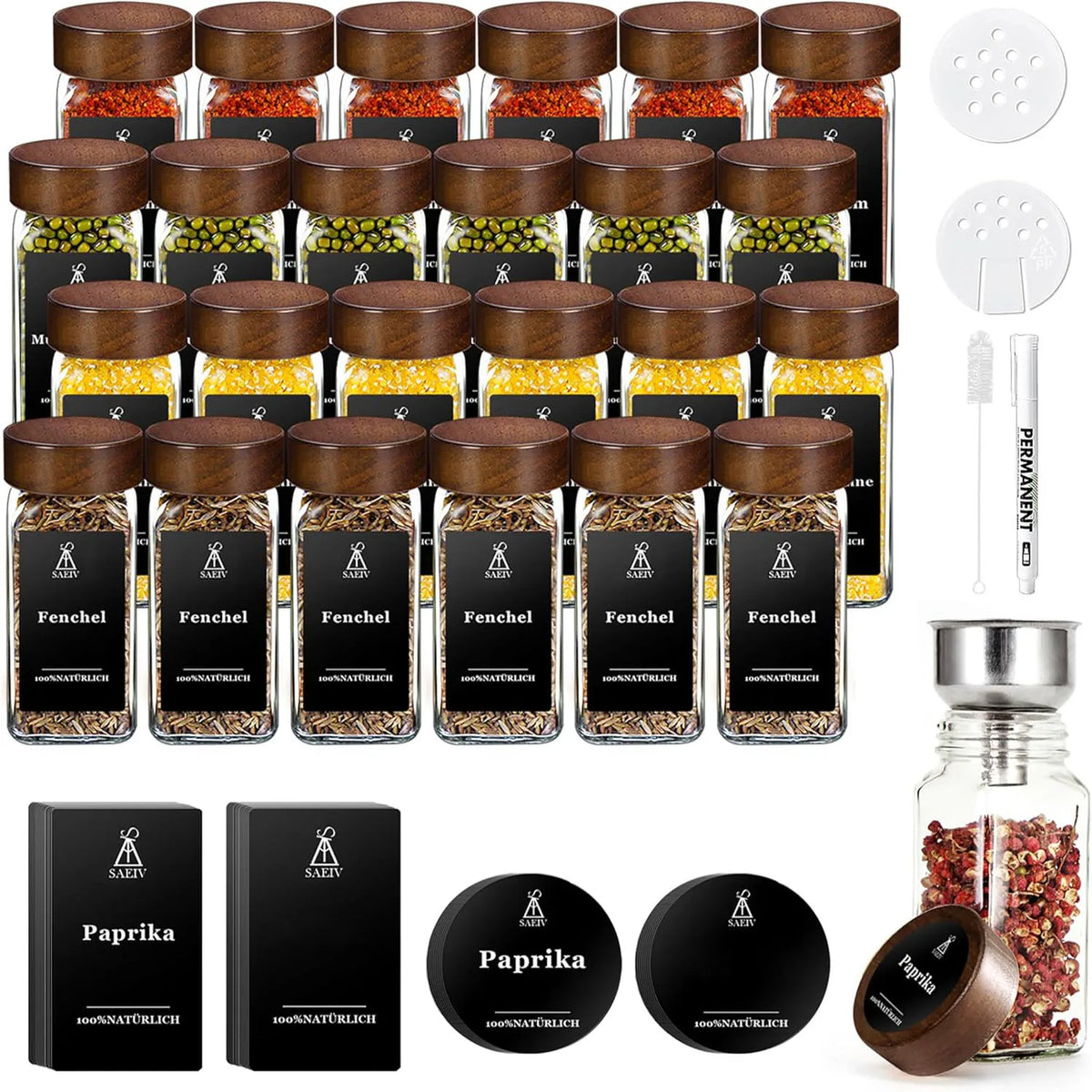 Szklane Pojemniki na Przyprawy z Wieczkiem z Drewna Różanego | 120ml | Zestaw 12/24/35 szt. z Etykietami | BPA Free