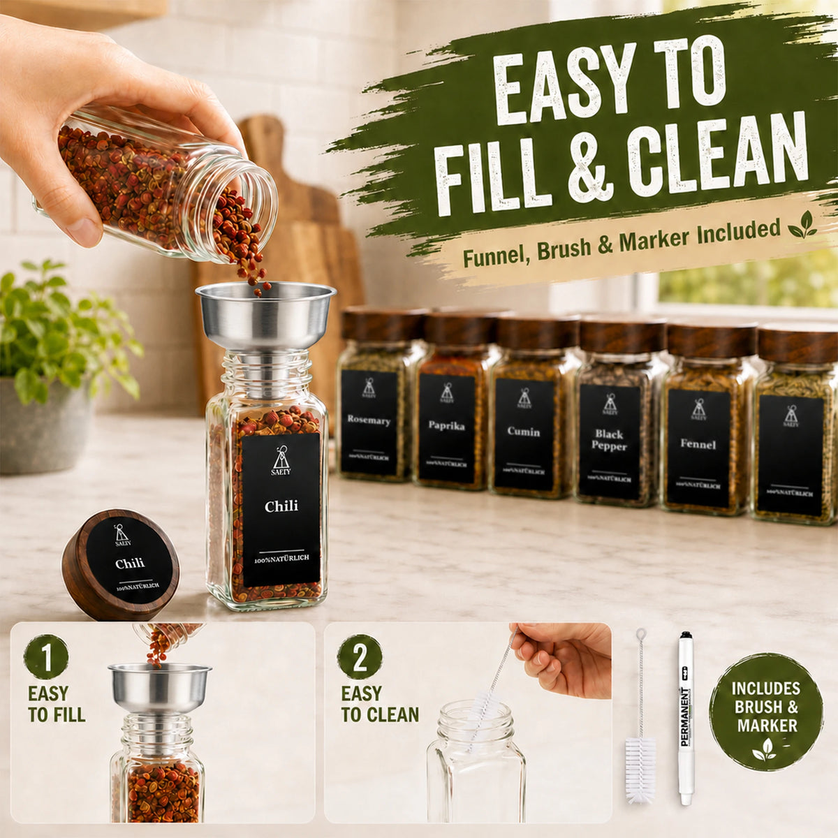 Szklane Pojemniki na Przyprawy z Wieczkiem z Drewna Różanego | 120ml | Zestaw 12/24/35 szt. z Etykietami | BPA Free