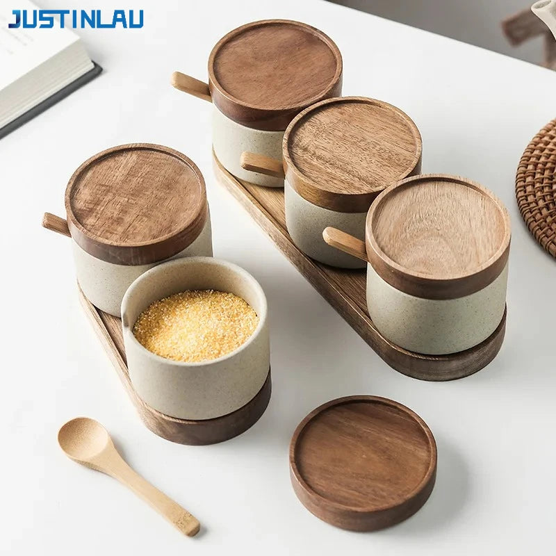 JUSTINLAU Ceramiczny Pojemnik na Przyprawy w Stylu Japońskim z Bambusową Pokrywką i Łyżeczką, Dzbanek na Olej, Tacka – Akcesoria Kuchenne