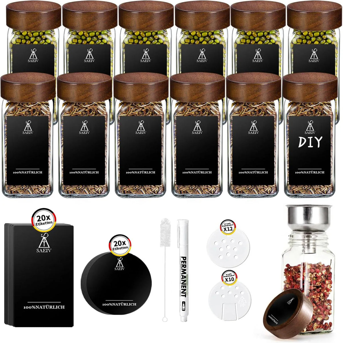 Szklane Pojemniki na Przyprawy z Wieczkiem z Drewna Różanego | 120ml | Zestaw 12/24/35 szt. z Etykietami | BPA Free